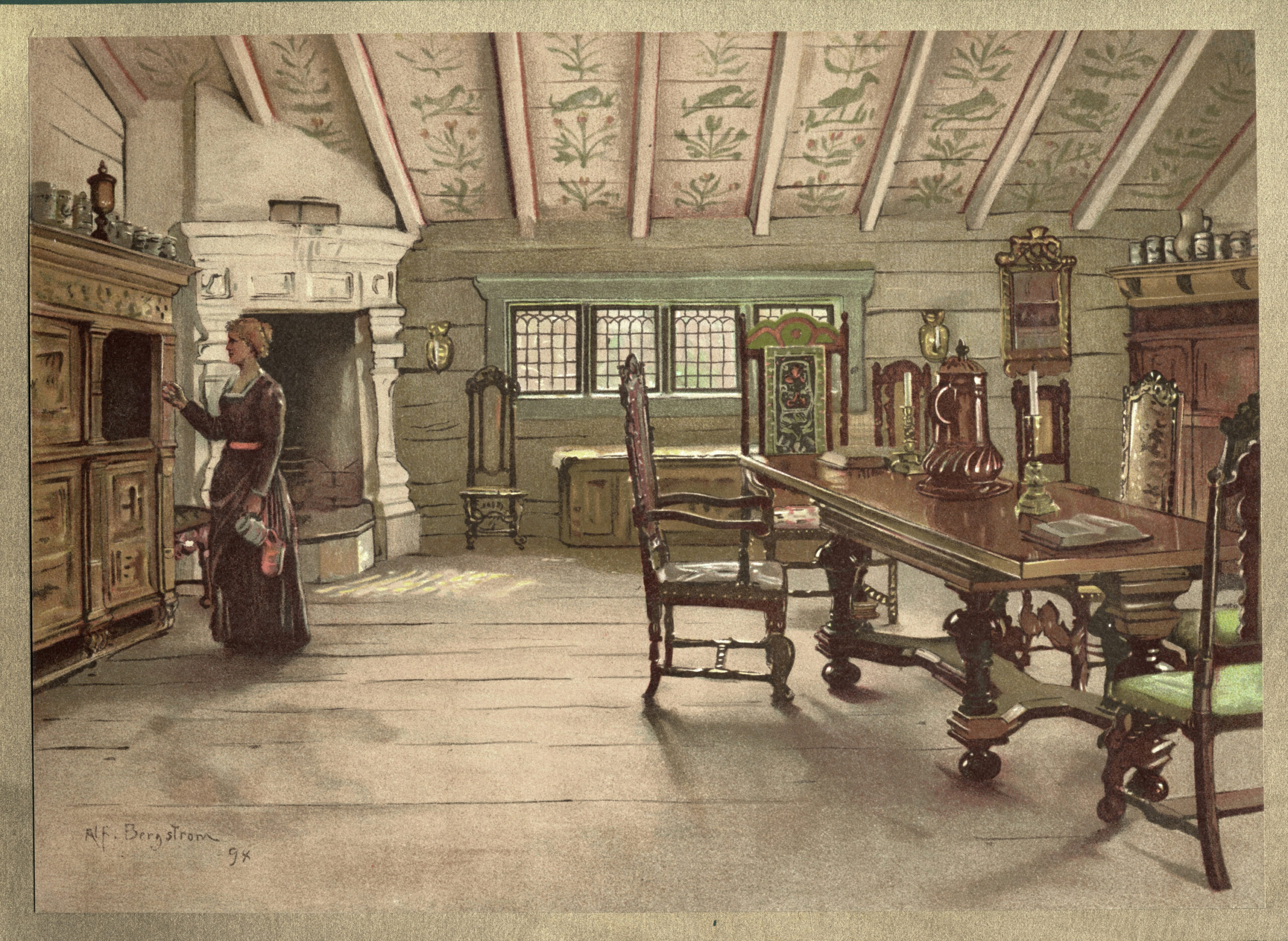 Interiör från Laxbrostugan på Skansen. Målning av A. Bergström, ca 1898.